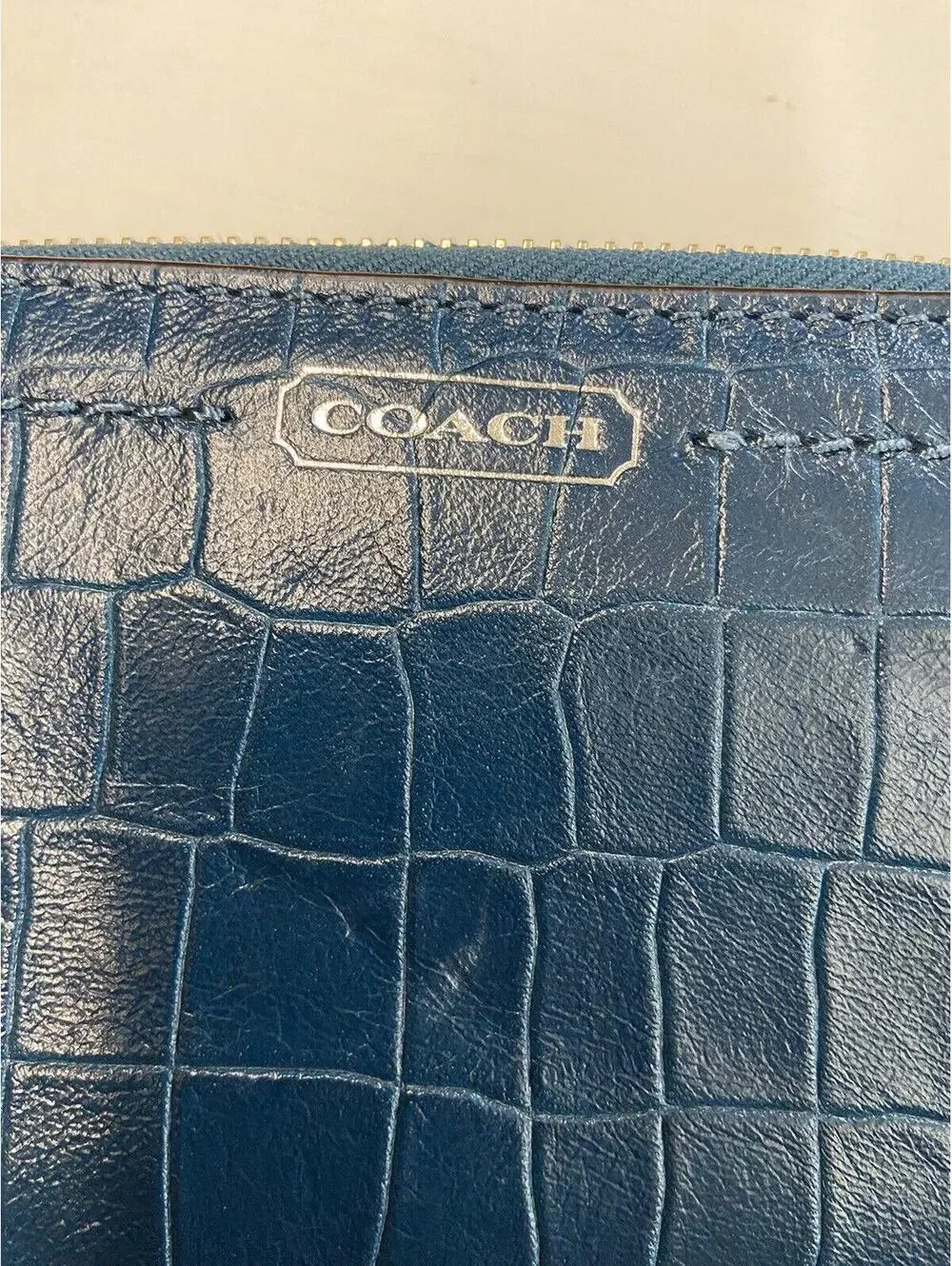 COACH Green Embossed Croc Accordion Zip Wallet